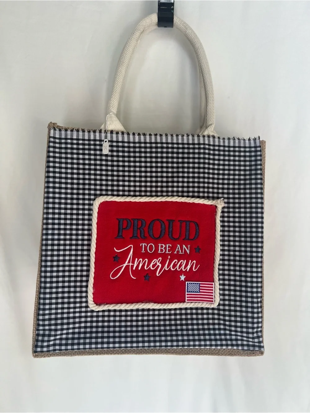 New Handcrafted: Patriotic Checkered Tote Bag - Red Accent